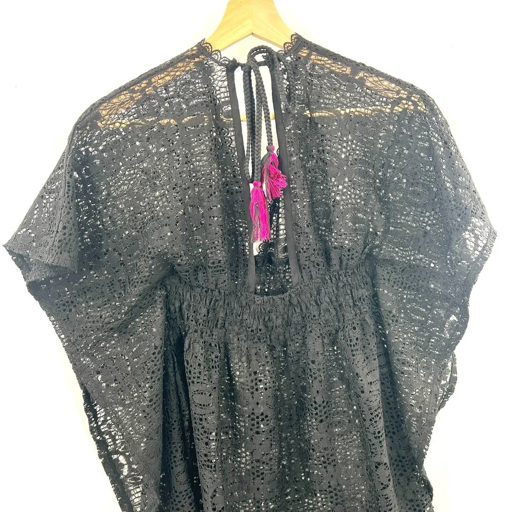 whimsigoth lace‎ poncho style swim cover-up tropical resort black beach pool S